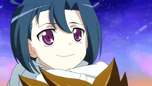 a girl with blue hair and pink eyes is smiling in front of a starry sky