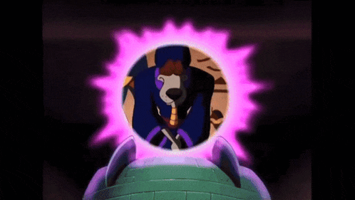 a cartoon character in a top hat is surrounded by purple lights