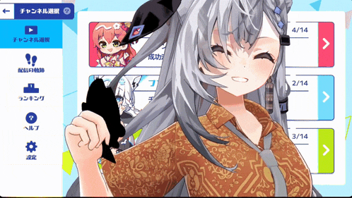 a girl with gray hair is smiling in front of a screen that says ' 4/14 ' on it