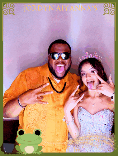 a man and a woman are posing for a picture with jordyn aiyana 's written on the bottom