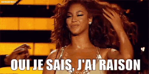 a woman is holding her hair and saying oui je sais j ' ai raison .