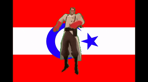 a man is standing in front of a flag with a blue star and a crescent moon