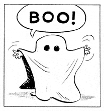 a cartoon of a ghost with a speech bubble that says boo .