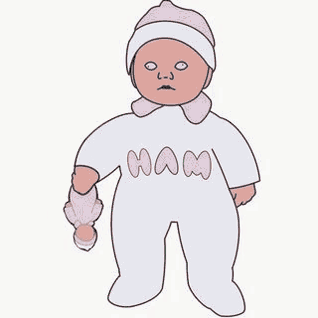 a cartoon drawing of a baby in a pink hat standing next to a pile of money .