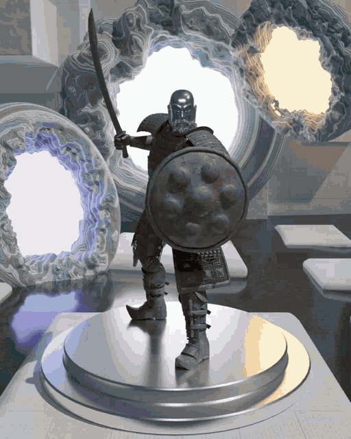 a statue of a samurai holding a sword and shield