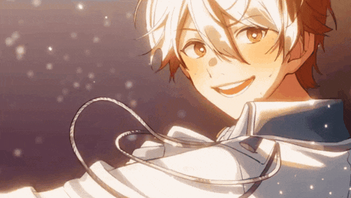 a boy with white hair and red eyes is smiling and looking at the camera