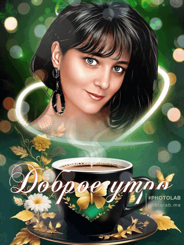 a woman 's face is behind a cup of coffee with the words " доброе утро " on the bottom