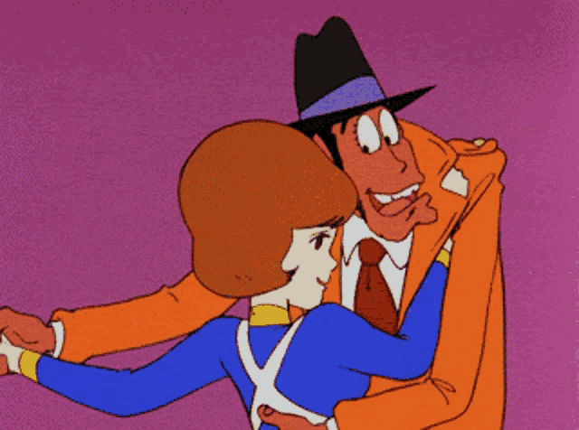 a cartoon character is holding a woman in his arms
