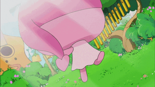 a pink cartoon character is walking across a bridge