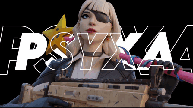 a woman holding a gun with the word psyxa written above her
