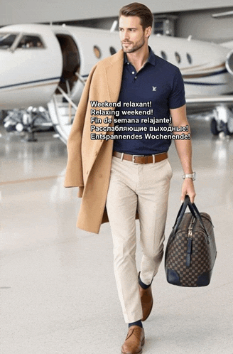 a man is walking with a bag in front of an airplane with the words weekend relaxant on the bottom
