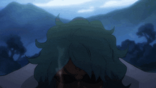 a cartoon character with green hair is standing in front of mountains