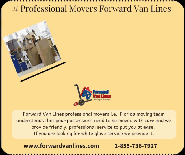an advertisement for forward van lines shows a group of people holding boxes