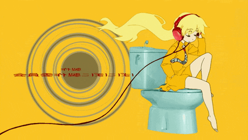 a girl wearing headphones sits on a blue toilet