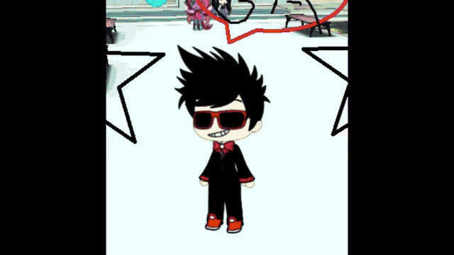 a cartoon character with black hair and red sunglasses