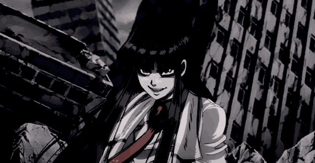 a black and white drawing of a girl with long black hair and red eyes