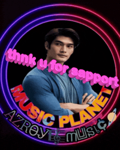 a man with his arms crossed is in a neon circle with the words " think u for support music planet "