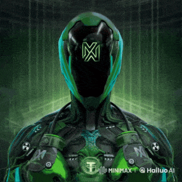 a green robot with the letter m on its head