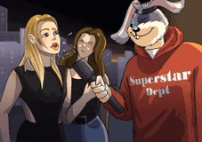 a cartoon of a bunny holding a microphone and wearing a superstar dept sweatshirt
