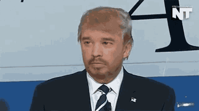 a man in a suit and tie is wearing a fake donald trump wig and beard .
