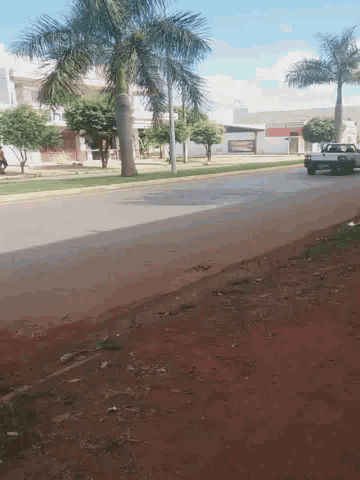 a white truck is driving down a road with palm trees