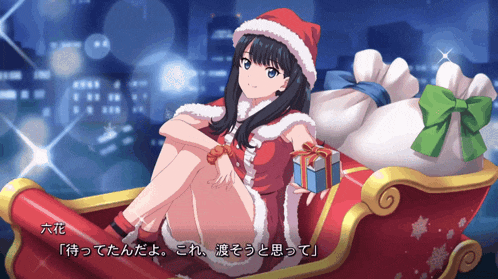 a girl in a santa hat sits on a sled