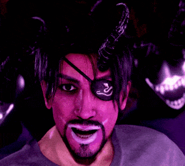 a man with a pink eye patch has a smiley face on his eye