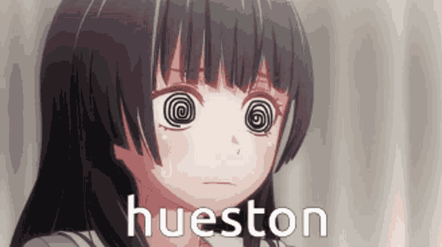 a girl with a hypnotic look on her face and the word hueston behind her