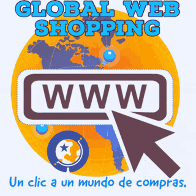 a sign that says global web shopping with an arrow pointing to www