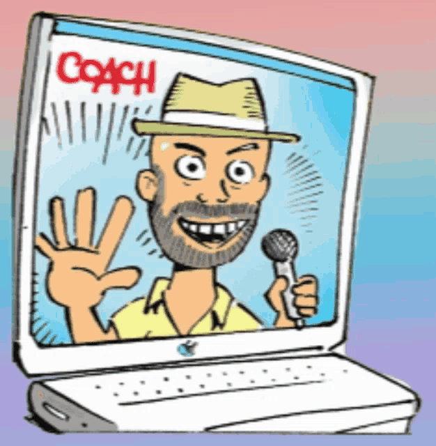 a cartoon of a man holding a microphone in front of a computer screen that says coach on it