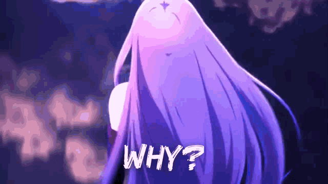 a girl with long purple hair is asking the question " why "