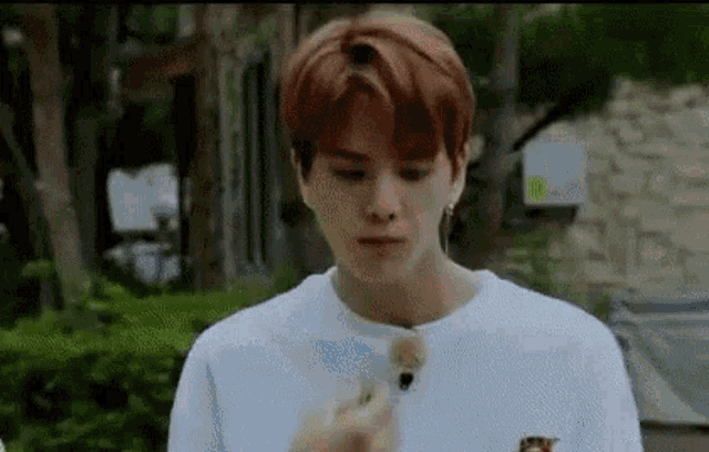 a young man with red hair is standing in a park holding a brush .