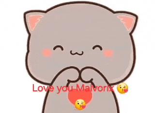 a cartoon cat is making a heart shape with its hands and says " love you malvonix " .