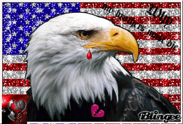 a bald eagle with a bloody beak is in front of a flag