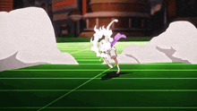 a cartoon character with a purple cape is running across a green field