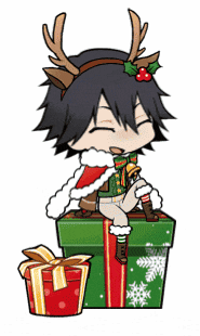 a boy with antlers is sitting on top of a christmas gift box