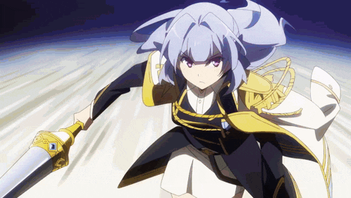 a girl with purple eyes is holding a sword in her right hand
