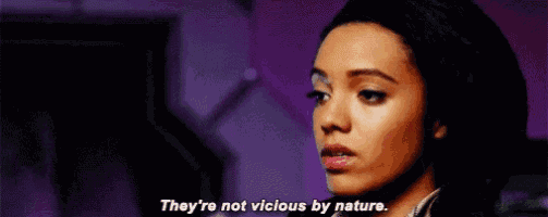 a close up of a woman 's face saying `` they 're not vicious by nature . ''