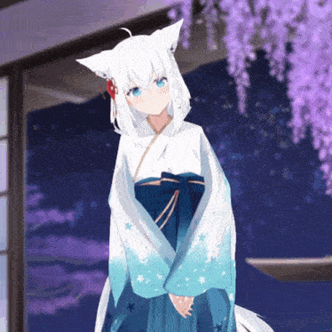 a anime girl with white hair and blue eyes is wearing a blue and white kimono
