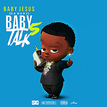 a baby jesus cartoon character holding a cell phone on a blue background