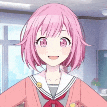 a girl with pink hair and a smiley face pin