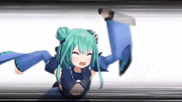 a 3d anime girl with green hair and blue clothes is holding a knife .