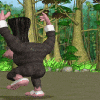 a cartoon character in a suit is dancing in a forest