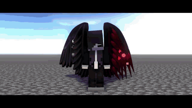 a minecraft character with black and red wings and a cross on his head