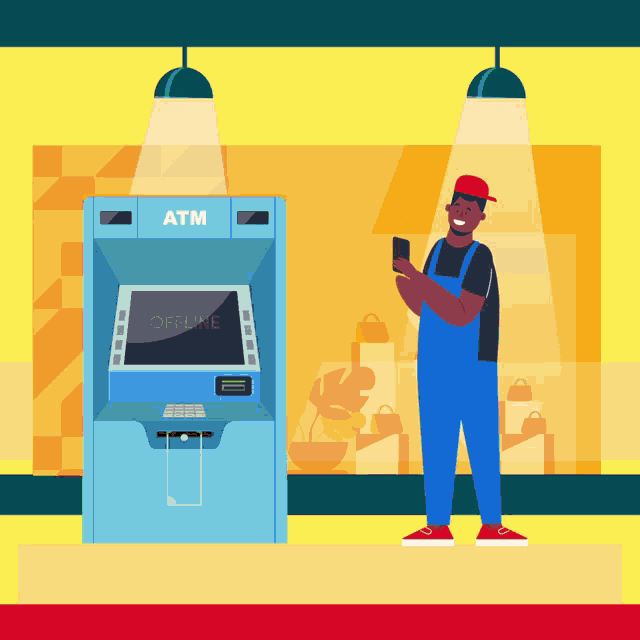 an illustration of a man standing next to an atm machine that is offline