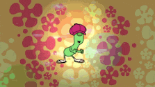 a green cartoon character wearing a pink hat is dancing in front of flowers