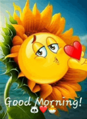 a sunflower with a smiley face holding a heart and the words good morning
