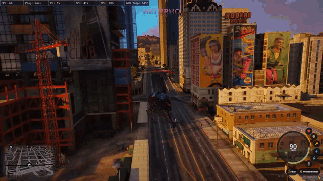 an aerial view of a city in a video game with the number 90 on the bottom left