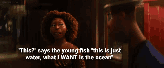 a cartoon character says " this says the young fish "