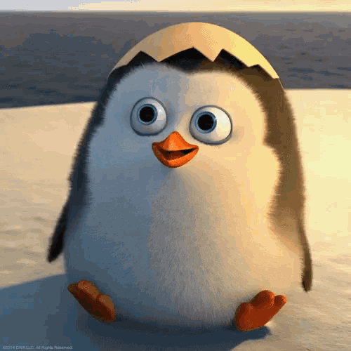 a cartoon penguin is sitting on a beach with a yellow egg shell on its head